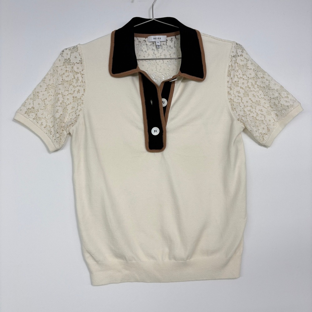 Reiss Womens Eliza Polo Shirt M Cream Lace Back Short Sleeve Contrast Collar 1